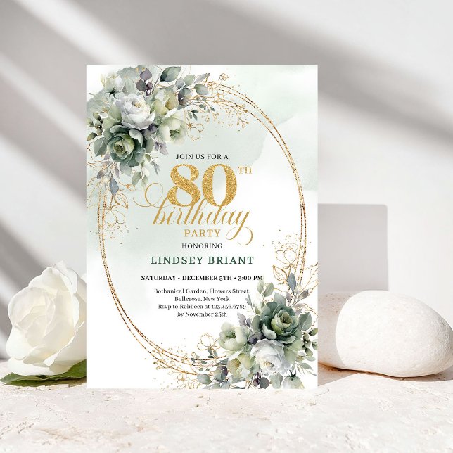 Convite de 80º Aniversário Botânico Elegante Doura (Elegant Botanical Gold 80th Birthday Invitation)