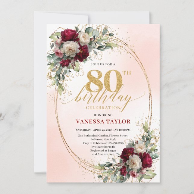 Convite de 80º Aniversário Burgundy Dourado Boho E (Frente)