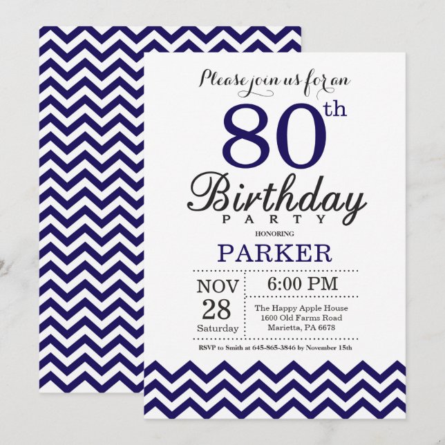 Convite de 80º Aniversário Chevron Azul Marinho (Frente/Verso)