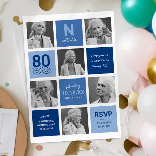 Convite de 80º Aniversário com Colagem de Fotos Az