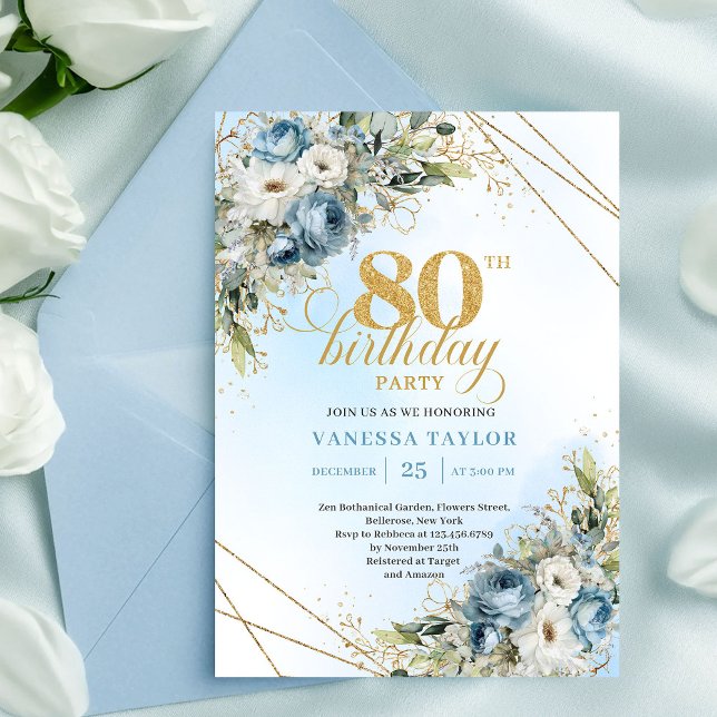 Convite de 80º Aniversário Elegante Azul Poeira Do (Stylish 80th Birthday Invitation Dusty Blue Gold Frame)