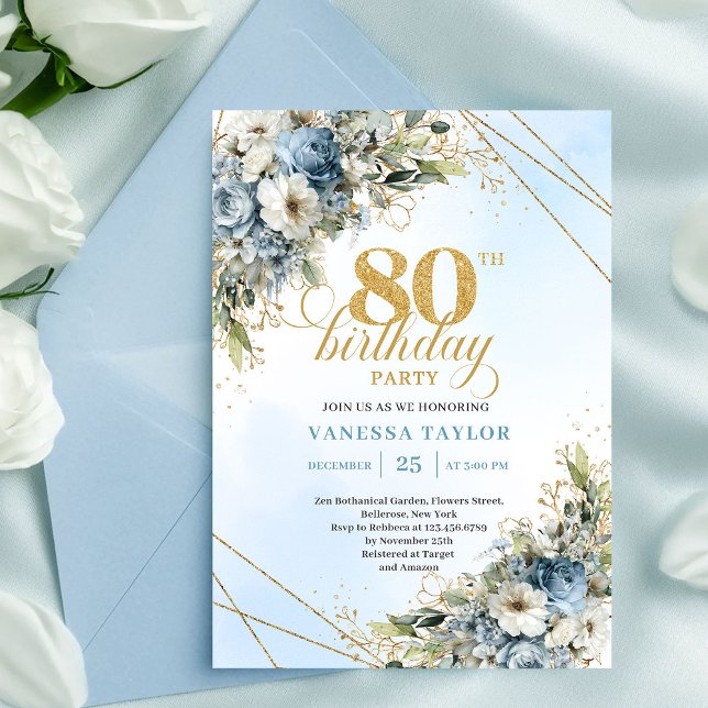 Convite de 80º Aniversário Elegante com Flores Azu (Trendy 80th Birthday Invitation Blue White Florals Boho)
