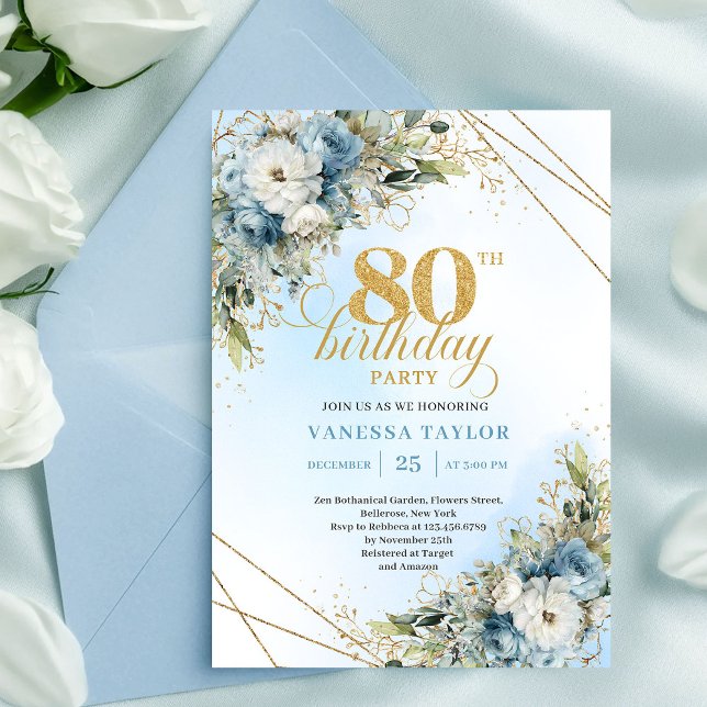 Convite de 80º Aniversário Elegante com Flores Azu (Trendy 80th Birthday Invitation Blue White Florals Boho)