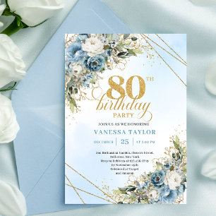 Convite de 80º Aniversário Elegante com Flores Boê