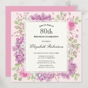 Convite de 80º Aniversário Elegantes Flores Rosa