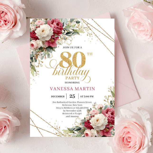 Convite de 80º Aniversário em Branco Dourado Borgo (Modern Burgundy White Gold 80th Birthday Invite)