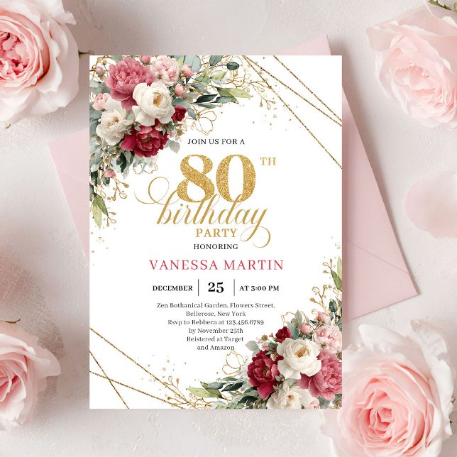 Convite de 80º Aniversário em Dourado e Bege Borgo (Classic Burgundy Blush Gold 80th Birthday Invite)