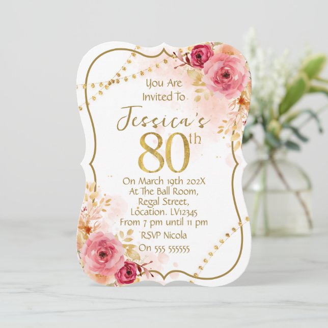 Convite de 80º Aniversário Floral (Em pé/Frente)