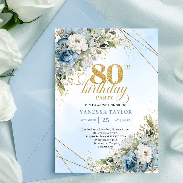 Convite de 80º Aniversário Floral Azul Empoeirado  (Stylish Dusty Blue Floral Gold 80th Birthday Invite Pro

)