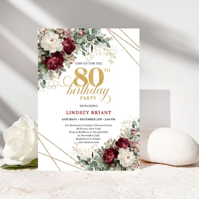 Convite de 80º Aniversário Floral Boho Borgonha (Burgundy Floral Boho Greenery 80th Birthday)