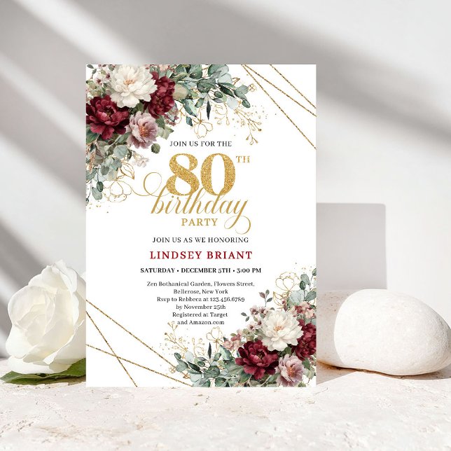 Convite de 80º Aniversário Floral Borgonha Eucalip (Burgundy Floral Eucalyptus Boho 80th Birthday)