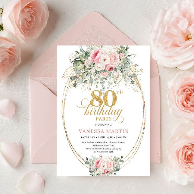 Convite de 80º Aniversário Floral Chic Boêmio Rosa (Chic Bohemian Blush Floral 80th Birthday Invitation

)