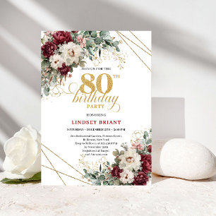 Convite de 80º Aniversário Floral Dourado Borgonha