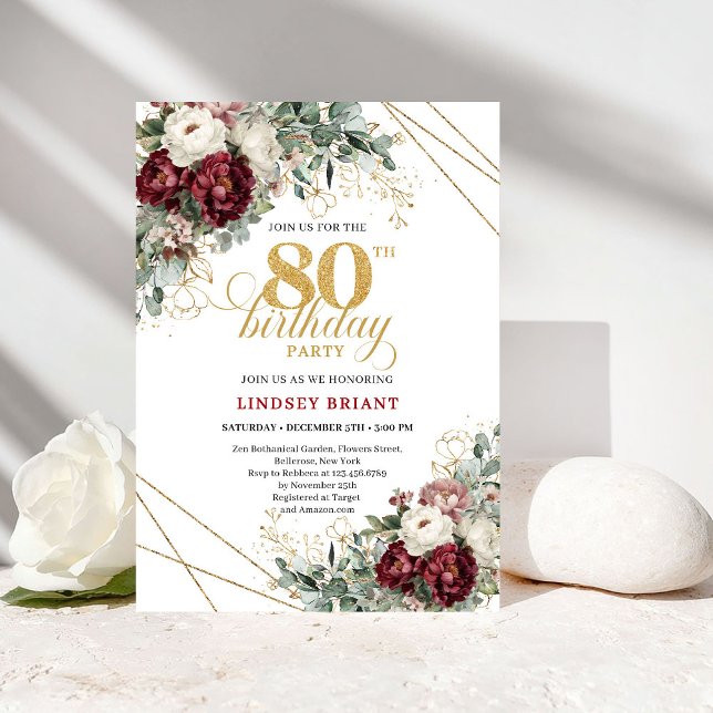 Convite de 80º Aniversário Floral Marrom Dourado (Maroon Floral Greenery Gold 80th Birthday)