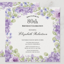 Convite de 80º Aniversário Floral Roxo Elegante