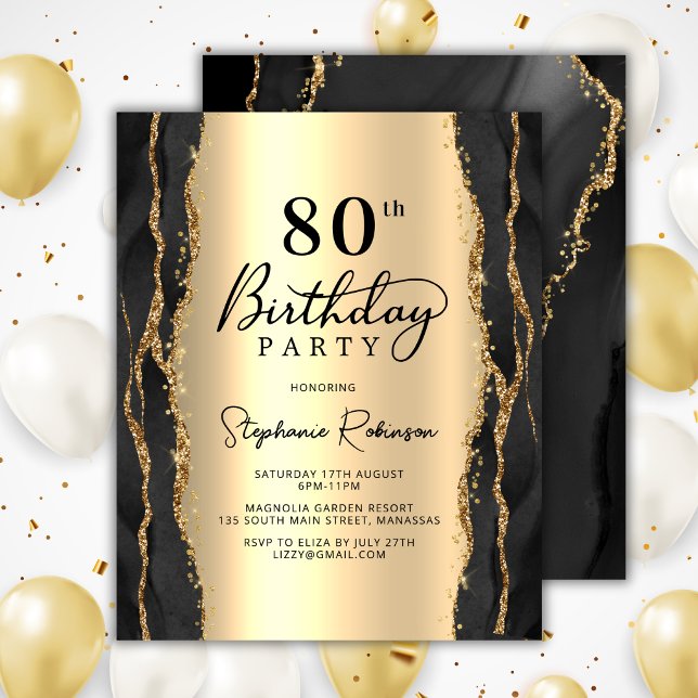 Convite de 80º Aniversário Moderno Preto Dourado E (Criador carregado)