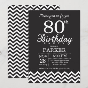 Convite de 80º Aniversário Preto e Branco Chevron