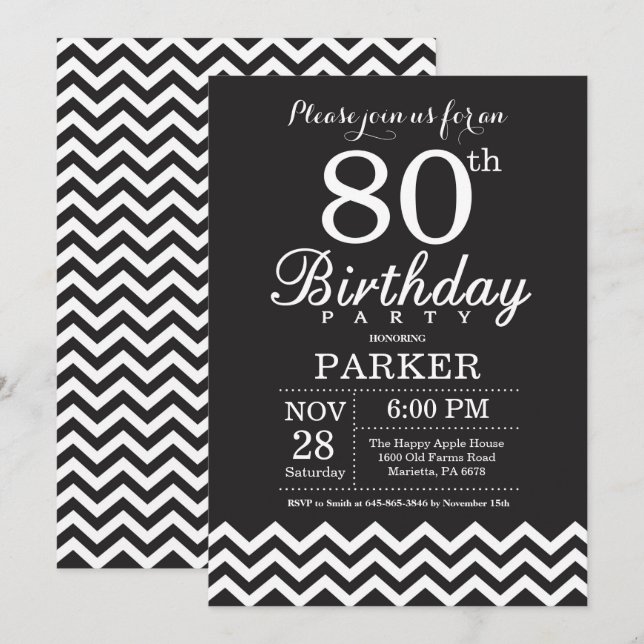 Convite de 80º Aniversário Preto e Branco Chevron (Frente/Verso)