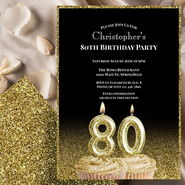 Convite de 80º Aniversário Preto e Dourado para El (Criador carregado)