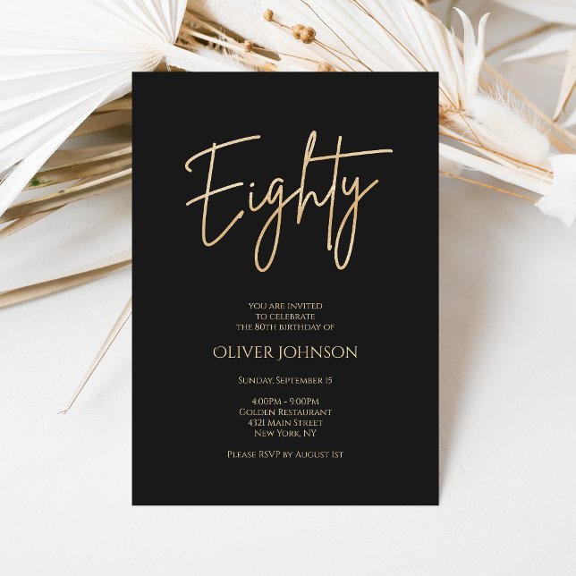 Convite de 80º Aniversário Preto Elegante Dourado (Elegant Black Gold 80th Birthday Invitation)