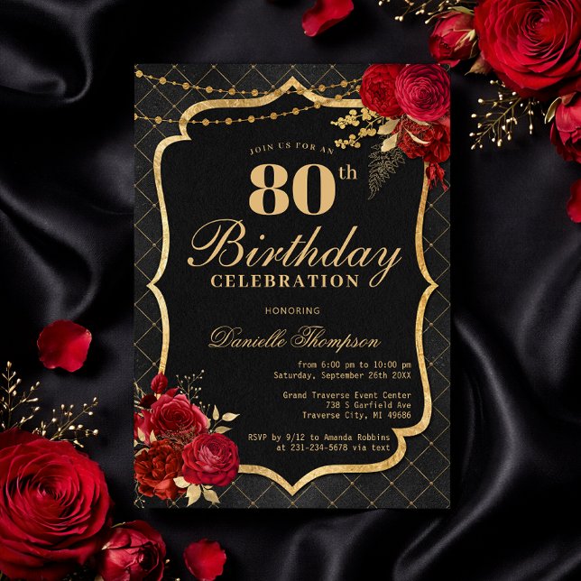 Convite de 80º Aniversário Preto, Vermelho e Doura (Black, Red & Gold 80th Birthday Invitation with Roses)
