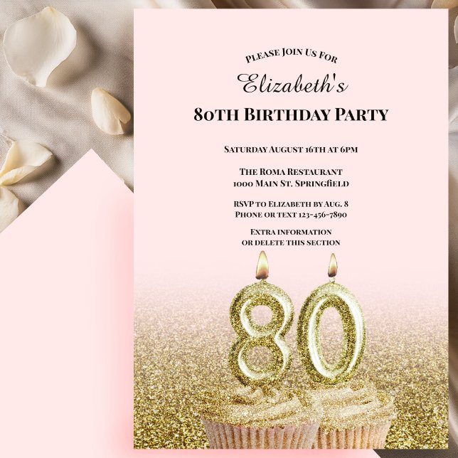 Convite de 80º Aniversário Rosa e Dourado Para Ela (Criador carregado)