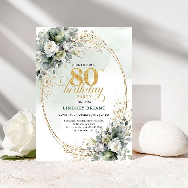 Convite de 80º Aniversário Verde e Branco Elegante (Elegant Green and White 80th Birthday Invitation)