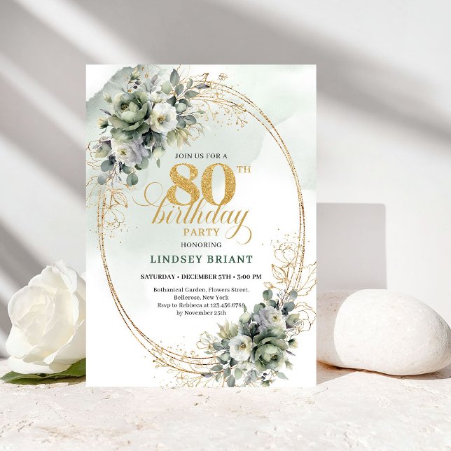 Convite de 80º Aniversário Verde Sofisticado Doura (Sophisticated Greenery Gold 80th Birthday Invite)