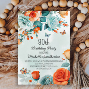 Convite de 80 Anos Azul Laranja Floral Borboletas