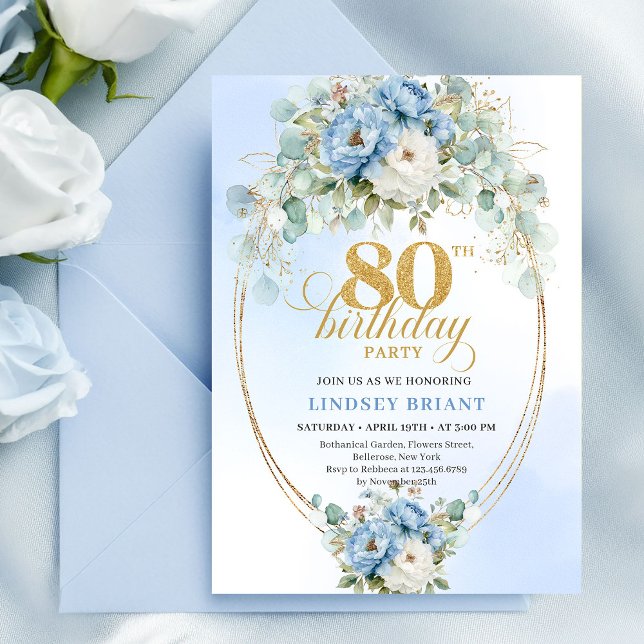 Convite de 80 anos Blue Peonies Eucalyptus Greener (Blue Peonies Eucalyptus Greenery Gold 80th Invite)