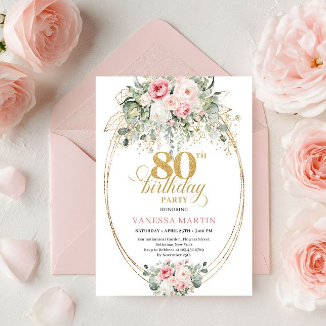 Convite de 80 Anos Romântico Boho Blush Rosas (Romantic Boho Blush Roses 80th Birthday Invite Card

)