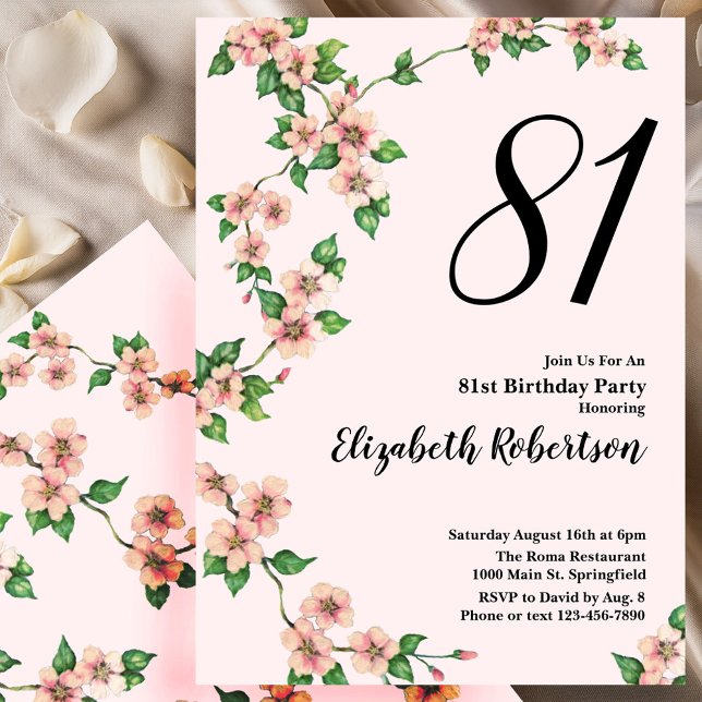Convite de 81º Aniversário Floral em Rosa Bege (Criador carregado)