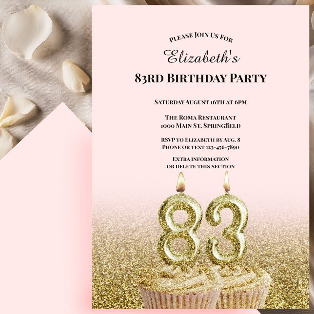 Convite de 83º Aniversário Rosa e Dourado Para Ela (Criador carregado)