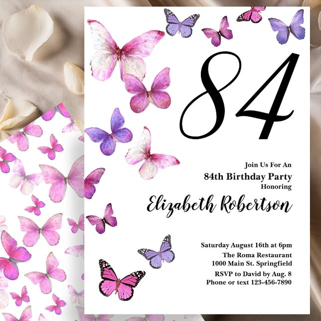 Convite de 84º Aniversário Borboleta em Rosa/Roxo (Criador carregado)