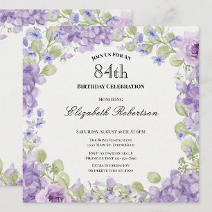 Convite de 84º Aniversário Elegante Floral Roxa