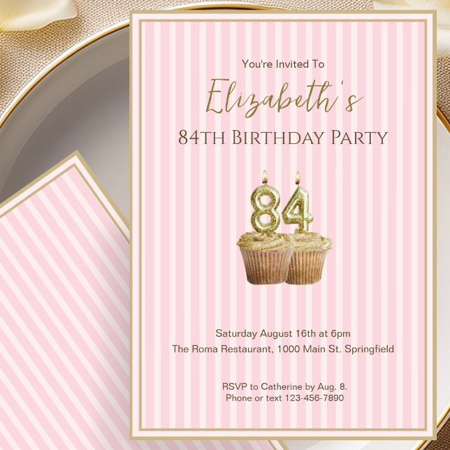 Convite de 84º Aniversário em Rosa Dourado Único p (Criador carregado)
