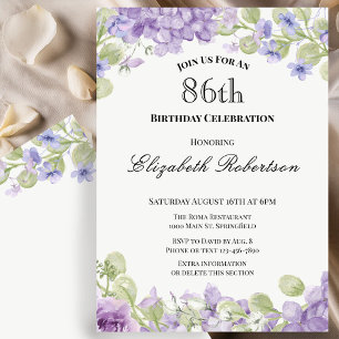 Convite de 86º Aniversário Elegante Floral Roxa