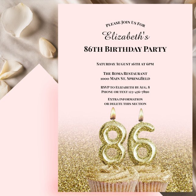 Convite de 86º Aniversário Rosa e Dourado Para Ela (Criador carregado)