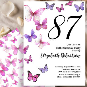 Convite de 87º Aniversário Borboleta em Rosa/Roxo