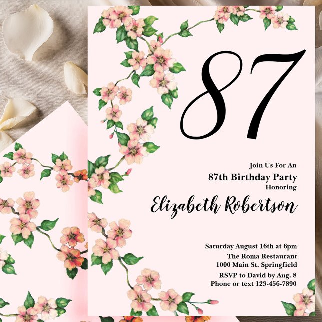 Convite de 87º Aniversário Floral em Rosa Bege (Criador carregado)