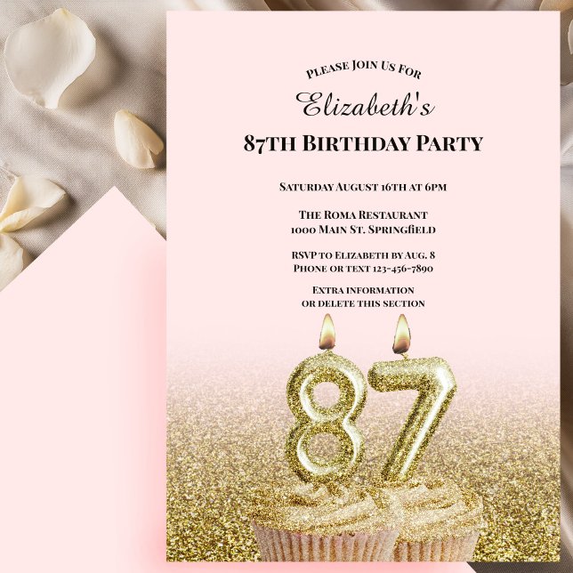 Convite de 87º Aniversário Rosa e Dourado Para Ela (Criador carregado)