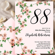 Convite de 88º Aniversário Floral em Rosa Bege