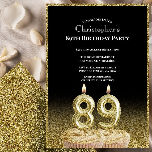 Convite de 89º Aniversário Preto e Dourado Para El (Criador carregado)