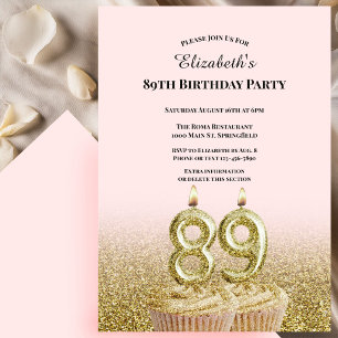 Convite de 89º Aniversário Rosa e Dourado Para Ela