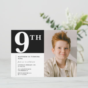 Convite de 9º aniversário elegante Menino Negro Fo
