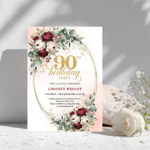 Convite de 90º Aniversário Chic Maroon Peonies Gre