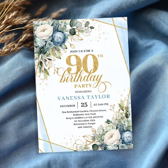Convite de 90º aniversário com flores azuis empoei (Elegant dusty blue blooms 90th birthday invite design)