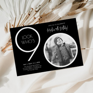 Convite de 90º Aniversário com Foto Preto Moderno