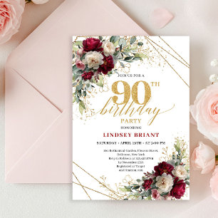 Convite de 90º Aniversário Elegante Burgundy Doura