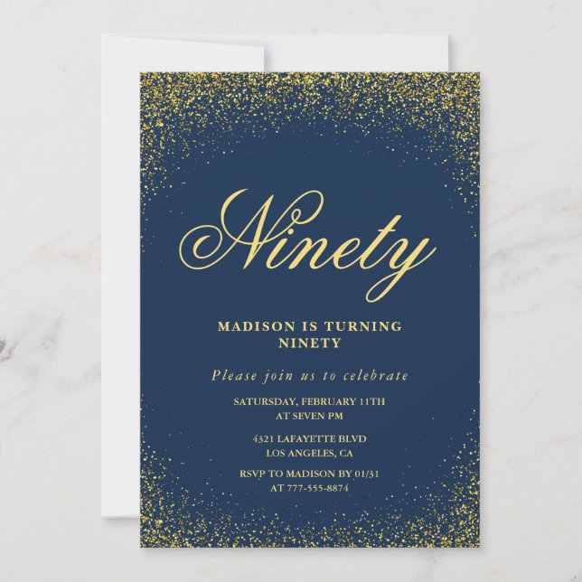 Convite de 90º aniversário elegante Dourado Marinh (Frente)